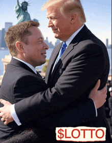 a man in a suit is hugging another man in a suit with a sign that says $ lotto on it