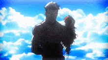 a cartoon of a man holding a bloody head in front of a blue sky with clouds .