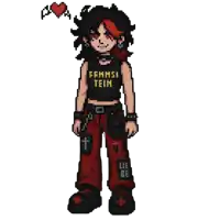 a pixel art drawing of a girl wearing a shirt that says ffmmsi teim