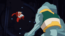 a cartoon of a man in a red cape fighting a giant