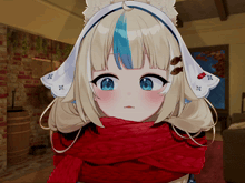 a girl with blonde hair and blue eyes wearing a red scarf