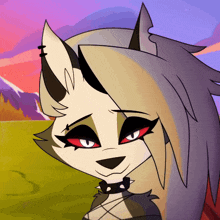 a cartoon character with red eyes and a choker around her neck