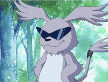 a cartoon rabbit wearing sunglasses and a ring on its tail