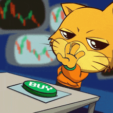 a cartoon cat pressing a green buy button