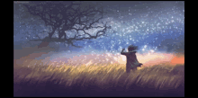 a painting of a person standing in a field at night with a tree in the background