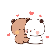 a brown bear and a white panda are hugging each other surrounded by hearts .