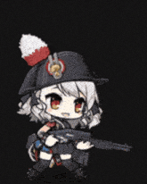 a cartoon character is holding a gun and wearing a hat with a red white and blue feather