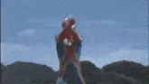 a cartoon character is flying through the air while holding a light in his hand .