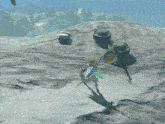 a video game character is standing in front of a compass on a rocky hillside