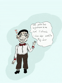 a drawing of a man with many eyes and a speech bubble that says cześć jestem bob