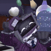 a cartoon character wearing a purple sweater and tie has a tag on his head that says j.t.vf.