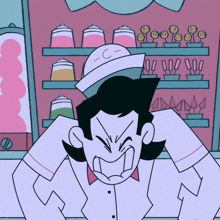 a cartoon drawing of a man wearing a white hat with the letter c on it