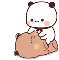 a panda bear is sitting on top of a brown bear with chinese writing on it .