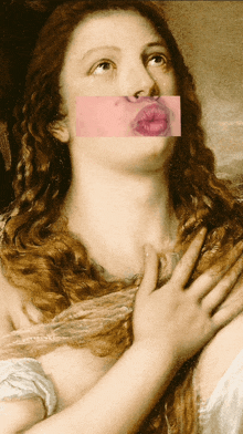 a close up of a woman 's face with a pink kiss on her lips
