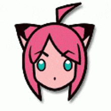 a cartoon girl with pink hair and cat ears is smiling and making a funny face .