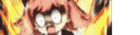 a girl with pink hair and white eyes is making a funny face in front of a yellow background .