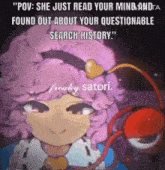 a cartoon of a girl with pink hair and a heart on her head is talking to someone .