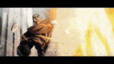a cartoon character is standing in front of a fire and smoke .