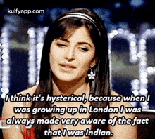 a woman is wearing a headband and earrings and talking about growing up in london .