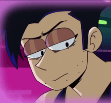 a close up of a cartoon character 's face with a purple border