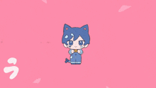 a drawing of a cat on a pink background with foreign writing