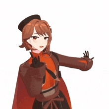 a girl in a red and brown outfit with a black hat