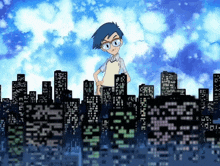 a cartoon of a boy with glasses standing in front of a city skyline