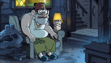 a cartoon character sits in a chair with an ice cream bucket in the background