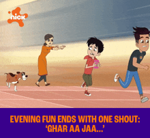 a poster for nick shows a woman yelling at a boy and a dog running on a track