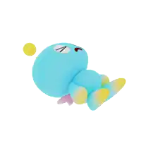 a blue stuffed animal with a yellow tail is laying down on its back