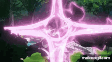 a person is standing in a forest with a purple light coming out of them .