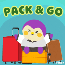 an illustration of a penguin sitting on a suitcase with the words pack & go above him
