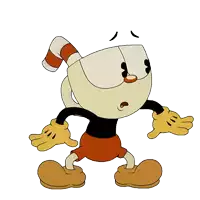 a cartoon character with a cup on his head is standing on a white background
