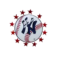 a new york yankees baseball surrounded by red stars on a white background