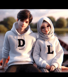 a boy and a girl are sitting next to each other wearing hoodies with the letter l on them