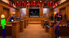 a poster for judgement day shows a courtroom with monsters in it