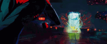 a painting of a person holding a sword in a dark room with a red light behind them