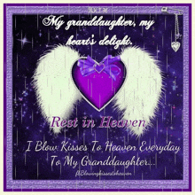a purple greeting card with a purple heart and white angel wings says " my granddaughter rest in heaven "