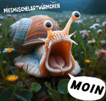 a snail with its mouth open and a speech bubble that says " moin "