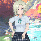 a girl with short blonde hair and a plaid skirt is standing in front of a river