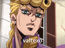 a close up of a cartoon character with the word valtexo written on the bottom