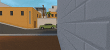 a brick wall with a red arrow pointing to a green car