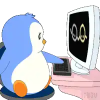a penguin is sitting in front of a computer screen that says " qq "