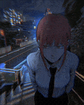 a girl with red hair and a white shirt and tie is standing on a set of stairs