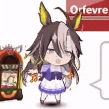 a cartoon of a girl standing next to a jukebox .