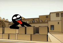 a cartoon character is sticking his tongue out over a stack of cardboard boxes
