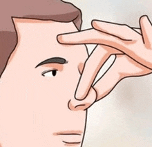 a cartoon of a man holding his nose with his hand .