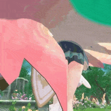 a cartoon character with pink wings is standing in a park