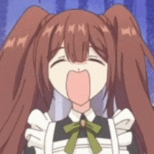 a close up of a cartoon girl wearing a maid outfit making a funny face .