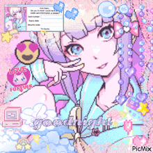 a pixel art of a girl with the words goodnight written below her